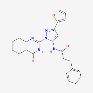 molecular formula C24H23N5O3 B2622527 N-(3-(furan-2-yl)-1-(4-oxo-3,4,5,6,7,8-hexahydroquinazolin-2-yl)-1H-pyrazol-5-yl)-3-phenylpropanamide CAS No. 1207006-43-6