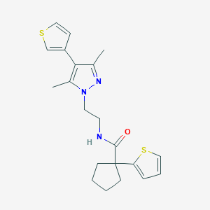 molecular formula C21H25N3OS2 B2622540 N-(2-(3,5-dimethyl-4-(thiophen-3-yl)-1H-pyrazol-1-yl)ethyl)-1-(thiophen-2-yl)cyclopentanecarboxamide CAS No. 2034375-80-7