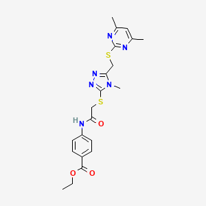 molecular formula C21H24N6O3S2 B2622608 Ethyl 4-[[2-[[5-[(4,6-dimethylpyrimidin-2-yl)sulfanylmethyl]-4-methyl-1,2,4-triazol-3-yl]sulfanyl]acetyl]amino]benzoate CAS No. 333423-62-4
