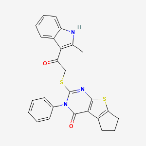 molecular formula C26H21N3O2S2 B2622670 2-((2-(2-methyl-1H-indol-3-yl)-2-oxoethyl)thio)-3-phenyl-6,7-dihydro-3H-cyclopenta[4,5]thieno[2,3-d]pyrimidin-4(5H)-one CAS No. 727689-86-3