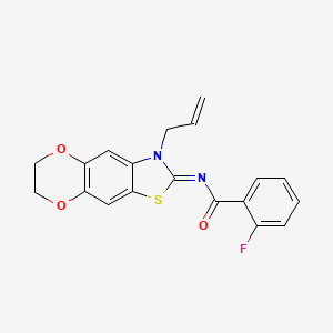 molecular formula C19H15FN2O3S B2622693 (Z)-N-(3-allyl-6,7-dihydro-[1,4]dioxino[2',3':4,5]benzo[1,2-d]thiazol-2(3H)-ylidene)-2-fluorobenzamide CAS No. 895445-06-4