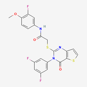 molecular formula C21H14F3N3O3S2 B2622709 2-{[3-(3,5-difluorophenyl)-4-oxo-3,4-dihydrothieno[3,2-d]pyrimidin-2-yl]sulfanyl}-N-(3-fluoro-4-methoxyphenyl)acetamide CAS No. 1261003-30-8