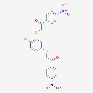molecular formula C22H15ClN2O6S2 B262278 2-({2-Chloro-5-[(2-{4-nitrophenyl}-2-oxoethyl)sulfanyl]phenyl}sulfanyl)-1-{4-nitrophenyl}ethanone 