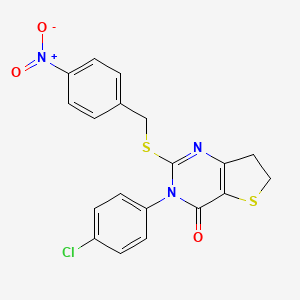 molecular formula C19H14ClN3O3S2 B2623003 3-(4-Chlorophenyl)-2-[(4-nitrophenyl)methylsulfanyl]-6,7-dihydrothieno[3,2-d]pyrimidin-4-one CAS No. 687564-72-3