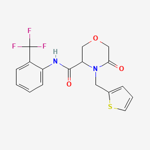 molecular formula C17H15F3N2O3S B2623064 5-oxo-4-(thiophen-2-ylmethyl)-N-(2-(trifluoromethyl)phenyl)morpholine-3-carboxamide CAS No. 1421442-05-8