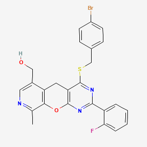 molecular formula C25H19BrFN3O2S B2623069 (7-{[(4-Bromophenyl)methyl]sulfanyl}-5-(2-fluorophenyl)-14-methyl-2-oxa-4,6,13-triazatricyclo[8.4.0.0^{3,8}]tetradeca-1(10),3(8),4,6,11,13-hexaen-11-yl)methanol CAS No. 892417-79-7