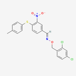 molecular formula C21H16Cl2N2O3S B2623156 (E)-[(2,4-dichlorophenyl)methoxy]({4-[(4-methylphenyl)sulfanyl]-3-nitrophenyl}methylidene)amine CAS No. 477852-06-5