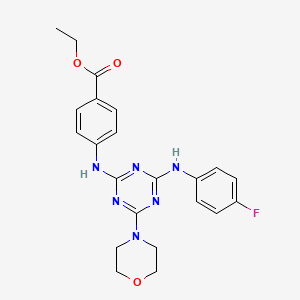 molecular formula C22H23FN6O3 B2623177 Ethyl 4-({4-[(4-fluorophenyl)amino]-6-(morpholin-4-yl)-1,3,5-triazin-2-yl}amino)benzoate CAS No. 898611-45-5
