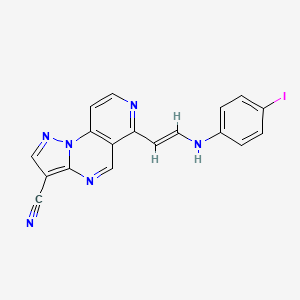 molecular formula C18H11IN6 B2623192 10-[(E)-2-[(4-iodophenyl)amino]ethenyl]-2,3,7,11-tetraazatricyclo[7.4.0.0^{2,6}]trideca-1(9),3,5,7,10,12-hexaene-5-carbonitrile CAS No. 338966-86-2