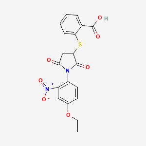 molecular formula C19H16N2O7S B2623196 2-((1-(4-Ethoxy-2-nitrophenyl)-2,5-dioxopyrrolidin-3-yl)thio)benzoic acid CAS No. 692276-58-7