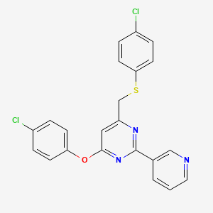 molecular formula C22H15Cl2N3OS B2623202 4-(4-Chlorophenoxy)-6-{[(4-chlorophenyl)sulfanyl]methyl}-2-(3-pyridinyl)pyrimidine CAS No. 860609-59-2
