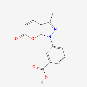 molecular formula C15H12N2O4 B2623225 3-(3,4-Dimethyl-6-oxo-6H-pyrano[2,3-c]pyrazol-1-yl)-benzoic acid CAS No. 354557-58-7