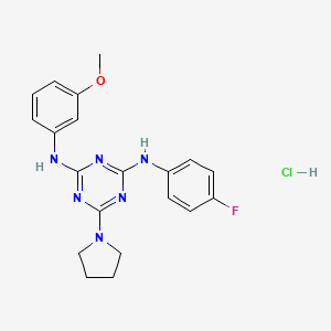 molecular formula C20H22ClFN6O B2623293 N2-(4-fluorophenyl)-N4-(3-methoxyphenyl)-6-(pyrrolidin-1-yl)-1,3,5-triazine-2,4-diamine hydrochloride CAS No. 1179491-52-1