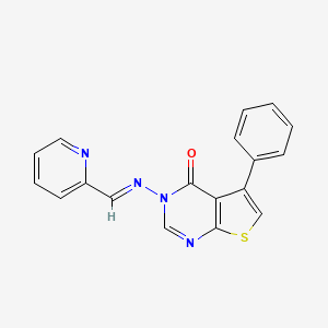 molecular formula C18H12N4OS B2623300 (E)-5-phenyl-3-((pyridin-2-ylmethylene)amino)thieno[2,3-d]pyrimidin-4(3H)-one CAS No. 303227-10-3