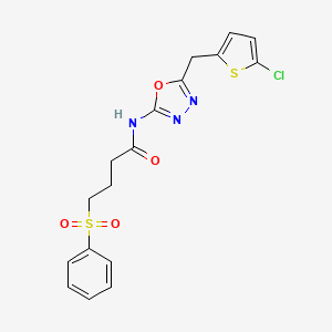molecular formula C17H16ClN3O4S2 B2623311 N-(5-((5-chlorothiophen-2-yl)methyl)-1,3,4-oxadiazol-2-yl)-4-(phenylsulfonyl)butanamide CAS No. 1021052-18-5
