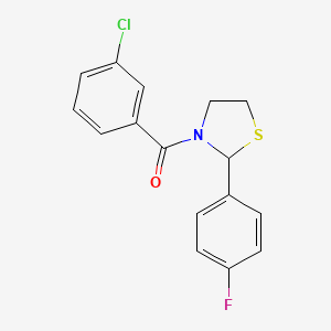 molecular formula C16H13ClFNOS B2623346 (3-Chlorophenyl)(2-(4-fluorophenyl)thiazolidin-3-yl)methanone CAS No. 854177-17-6