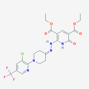 molecular formula C22H23ClF3N5O5 B2623356 Diethyl 2-(2-{1-[3-chloro-5-(trifluoromethyl)-2-pyridinyl]-4-piperidinylidene}hydrazino)-6-hydroxy-3,5-pyridinedicarboxylate CAS No. 321432-10-4