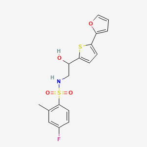 molecular formula C17H16FNO4S2 B2623383 4-Fluoro-N-[2-[5-(furan-2-yl)thiophen-2-yl]-2-hydroxyethyl]-2-methylbenzenesulfonamide CAS No. 2319851-45-9
