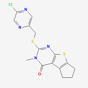 molecular formula C15H13ClN4OS2 B2623426 10-{[(5-Chloropyrazin-2-yl)methyl]sulfanyl}-11-methyl-7-thia-9,11-diazatricyclo[6.4.0.0^{2,6}]dodeca-1(8),2(6),9-trien-12-one CAS No. 1795508-94-9