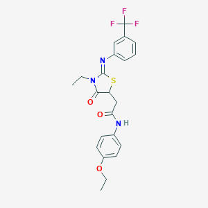 molecular formula C22H22F3N3O3S B262350 N-(4-ethoxyphenyl)-2-(3-ethyl-4-oxo-2-{[3-(trifluoromethyl)phenyl]imino}-1,3-thiazolidin-5-yl)acetamide 