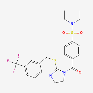 molecular formula C22H24F3N3O3S2 B2623549 N,N-diethyl-4-[2-[[3-(trifluoromethyl)phenyl]methylsulfanyl]-4,5-dihydroimidazole-1-carbonyl]benzenesulfonamide CAS No. 851805-83-9