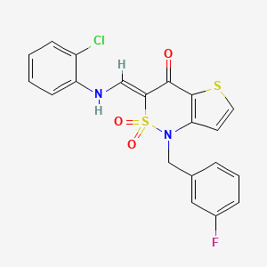 molecular formula C20H14ClFN2O3S2 B2623625 (3Z)-3-{[(2-chlorophenyl)amino]methylene}-1-(3-fluorobenzyl)-1H-thieno[3,2-c][1,2]thiazin-4(3H)-one 2,2-dioxide CAS No. 894685-30-4