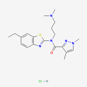molecular formula C20H28ClN5OS B2623692 N-(3-(dimethylamino)propyl)-N-(6-ethylbenzo[d]thiazol-2-yl)-1,4-dimethyl-1H-pyrazole-3-carboxamide hydrochloride CAS No. 1351607-92-5