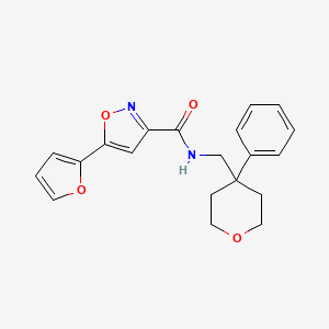 molecular formula C20H20N2O4 B2623717 5-(furan-2-yl)-N-((4-phenyltetrahydro-2H-pyran-4-yl)methyl)isoxazole-3-carboxamide CAS No. 1327243-94-6
