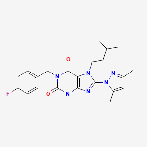 molecular formula C23H27FN6O2 B2623807 8-(3,5-dimethyl-1H-pyrazol-1-yl)-1-(4-fluorobenzyl)-7-isopentyl-3-methyl-1H-purine-2,6(3H,7H)-dione CAS No. 1014010-82-2