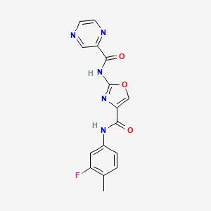 molecular formula C16H12FN5O3 B2623844 N-(3-fluoro-4-methylphenyl)-2-(pyrazine-2-carboxamido)oxazole-4-carboxamide CAS No. 1396865-13-6