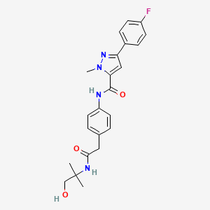 molecular formula C23H25FN4O3 B2624036 3-(4-fluorophenyl)-N-(4-(2-((1-hydroxy-2-methylpropan-2-yl)amino)-2-oxoethyl)phenyl)-1-methyl-1H-pyrazole-5-carboxamide CAS No. 1396683-48-9