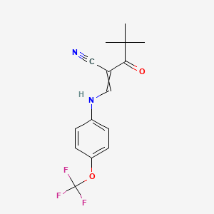 molecular formula C15H15F3N2O2 B2624040 4,4-Dimethyl-3-oxo-2-[[4-(trifluoromethoxy)anilino]methylidene]pentanenitrile CAS No. 1025205-33-7