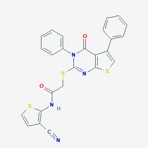 molecular formula C25H16N4O2S3 B262412 N-(3-cyanothiophen-2-yl)-2-[(4-oxo-3,5-diphenyl-3,4-dihydrothieno[2,3-d]pyrimidin-2-yl)sulfanyl]acetamide 