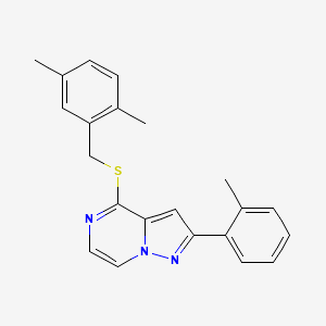 molecular formula C22H21N3S B2624232 4-[(2,5-Dimethylbenzyl)thio]-2-(2-methylphenyl)pyrazolo[1,5-a]pyrazine CAS No. 1207044-67-4