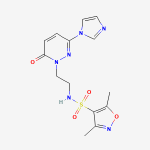 molecular formula C14H16N6O4S B2624295 N-(2-(3-(1H-imidazol-1-yl)-6-oxopyridazin-1(6H)-yl)ethyl)-3,5-dimethylisoxazole-4-sulfonamide CAS No. 1396880-54-8