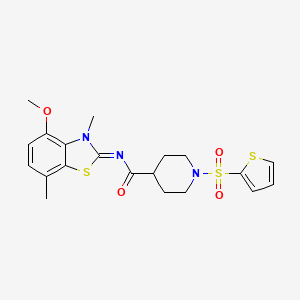 molecular formula C20H23N3O4S3 B2624347 (E)-N-(4-methoxy-3,7-dimethylbenzo[d]thiazol-2(3H)-ylidene)-1-(thiophen-2-ylsulfonyl)piperidine-4-carboxamide CAS No. 946374-56-7
