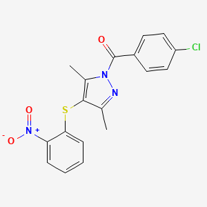molecular formula C18H14ClN3O3S B2624418 (4-chlorophenyl)(3,5-dimethyl-4-((2-nitrophenyl)thio)-1H-pyrazol-1-yl)methanone CAS No. 303017-42-7