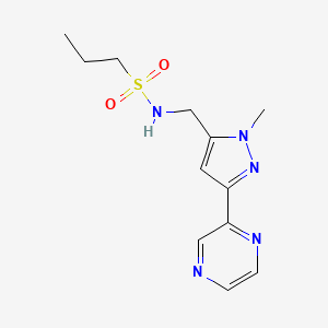 molecular formula C12H17N5O2S B2624433 N-((1-methyl-3-(pyrazin-2-yl)-1H-pyrazol-5-yl)methyl)propane-1-sulfonamide CAS No. 2034373-92-5
