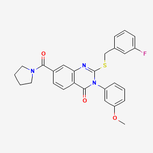 molecular formula C27H24FN3O3S B2624496 2-((3-fluorobenzyl)thio)-3-(3-methoxyphenyl)-7-(pyrrolidine-1-carbonyl)quinazolin-4(3H)-one CAS No. 1115525-72-8