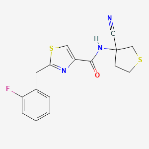 molecular formula C16H14FN3OS2 B2624553 N-(3-Cyanothiolan-3-YL)-2-[(2-fluorophenyl)methyl]-1,3-thiazole-4-carboxamide CAS No. 1385352-92-0