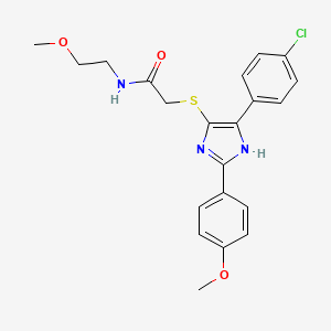 molecular formula C21H22ClN3O3S B2624592 2-((5-(4-chlorophenyl)-2-(4-methoxyphenyl)-1H-imidazol-4-yl)thio)-N-(2-methoxyethyl)acetamide CAS No. 901260-06-8