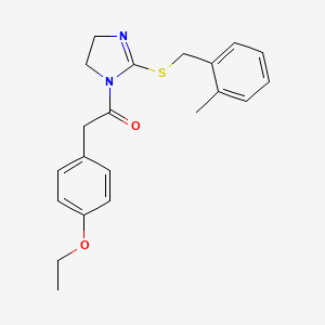 molecular formula C21H24N2O2S B2624646 2-(4-Ethoxyphenyl)-1-[2-[(2-methylphenyl)methylsulfanyl]-4,5-dihydroimidazol-1-yl]ethanone CAS No. 851801-34-8
