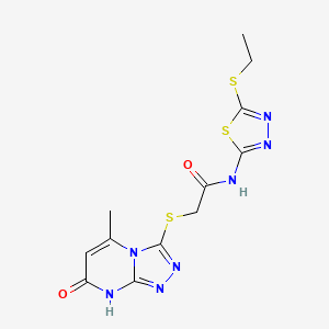molecular formula C12H13N7O2S3 B2624732 N-[5-(ethylthio)-1,3,4-thiadiazol-2-yl]-2-[(5-methyl-7-oxo-7,8-dihydro[1,2,4]triazolo[4,3-a]pyrimidin-3-yl)thio]acetamide CAS No. 877639-39-9