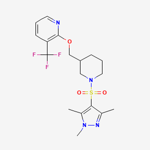 molecular formula C18H23F3N4O3S B2624764 3-(Trifluoromethyl)-2-[[1-(1,3,5-trimethylpyrazol-4-yl)sulfonylpiperidin-3-yl]methoxy]pyridine CAS No. 2379985-49-4