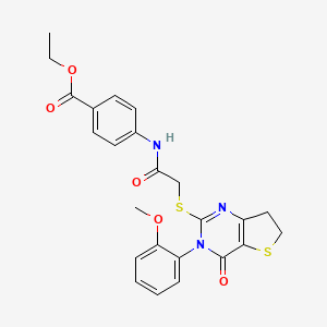 molecular formula C24H23N3O5S2 B2624778 Ethyl 4-(2-((3-(2-methoxyphenyl)-4-oxo-3,4,6,7-tetrahydrothieno[3,2-d]pyrimidin-2-yl)thio)acetamido)benzoate CAS No. 362501-79-9