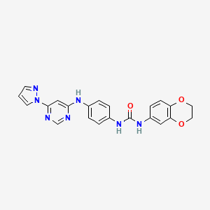 molecular formula C22H19N7O3 B2624787 1-(4-((6-(1H-pyrazol-1-yl)pyrimidin-4-yl)amino)phenyl)-3-(2,3-dihydrobenzo[b][1,4]dioxin-6-yl)urea CAS No. 1203359-84-5