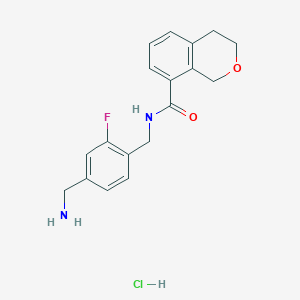 molecular formula C18H20ClFN2O2 B2624816 N-[[4-(Aminomethyl)-2-fluorophenyl]methyl]-3,4-dihydro-1H-isochromene-8-carboxamide;hydrochloride CAS No. 2416237-58-4