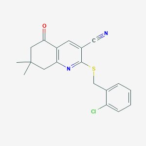 molecular formula C19H17ClN2OS B2624817 2-((2-Chlorobenzyl)thio)-7,7-dimethyl-5-oxo-5,6,7,8-tetrahydroquinoline-3-carbonitrile CAS No. 371208-32-1