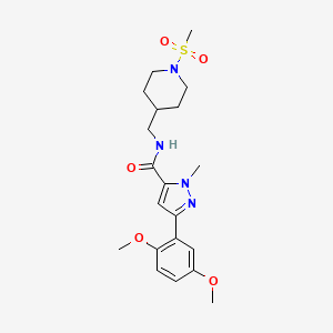 molecular formula C20H28N4O5S B2624818 3-(2,5-dimethoxyphenyl)-1-methyl-N-((1-(methylsulfonyl)piperidin-4-yl)methyl)-1H-pyrazole-5-carboxamide CAS No. 1421532-54-8