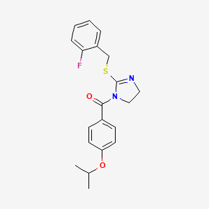 molecular formula C20H21FN2O2S B2624822 (2-((2-fluorobenzyl)thio)-4,5-dihydro-1H-imidazol-1-yl)(4-isopropoxyphenyl)methanone CAS No. 851806-80-9